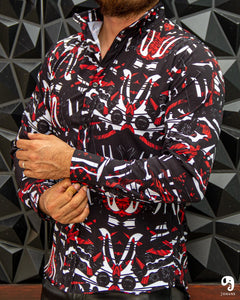 CAMISA MANGA LARGA ESTAMPADO NEGRA CARAS BLANCO Y  ROJO