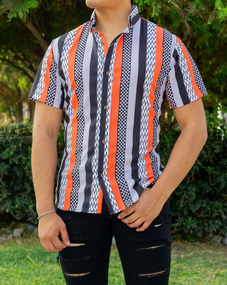 CAMISA MANGA CORTA ESTAMPADO FIGURAS DE RAYAS Y CIRCULOS
