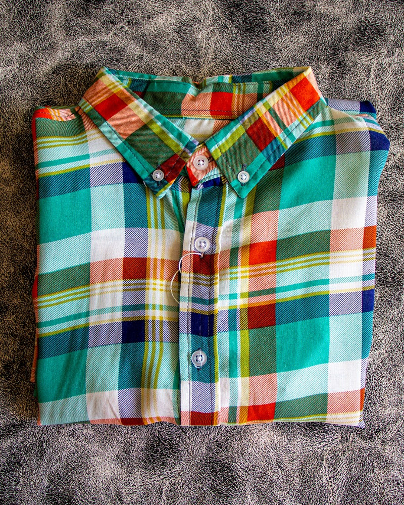 CAMISA MANGA LARGA CUADROS VERDE MENTA CON NARANJA