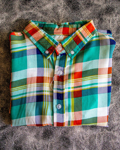 CAMISA MANGA LARGA CUADROS VERDE MENTA CON NARANJA