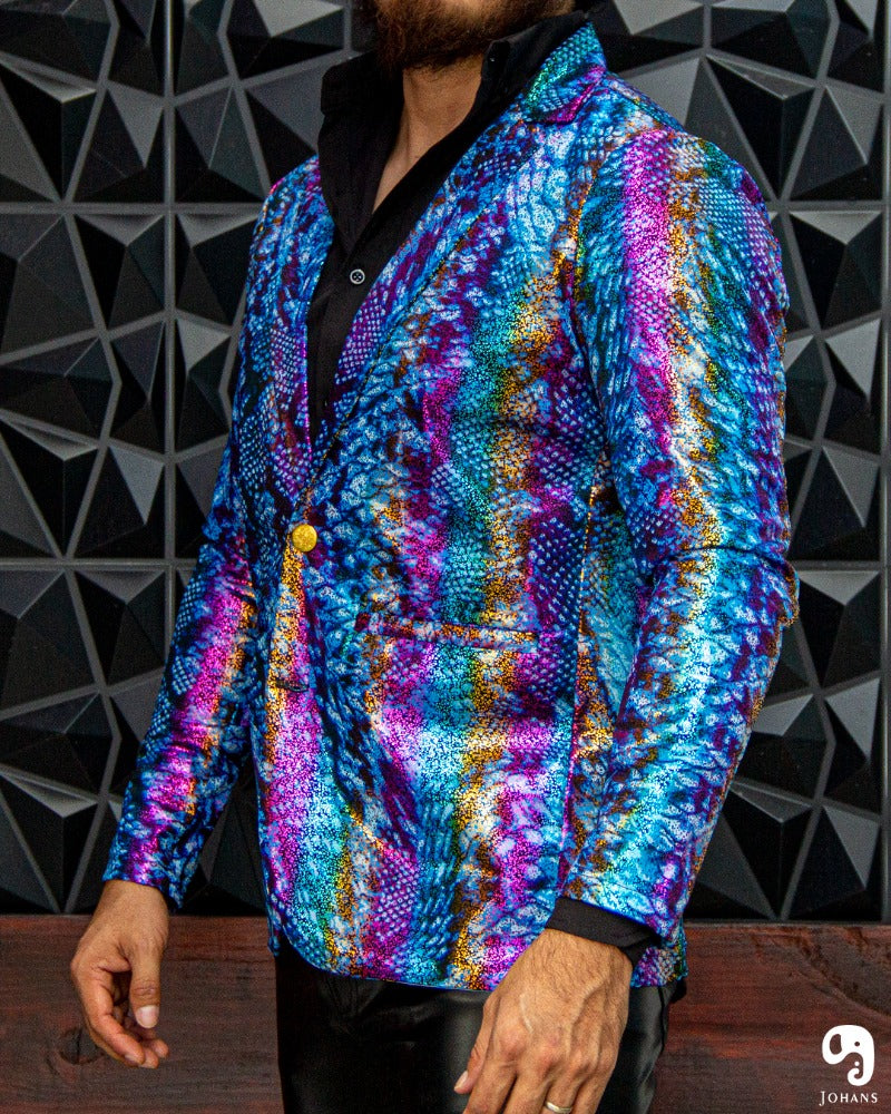 BLAZER SOLAPA V EXOTICO HOLOGRAMA ANIMAL PRINT AZUL ROSA Y NARANJA