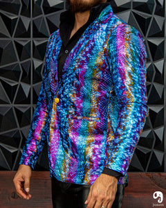 BLAZER SOLAPA V EXOTICO HOLOGRAMA ANIMAL PRINT AZUL ROSA Y NARANJA