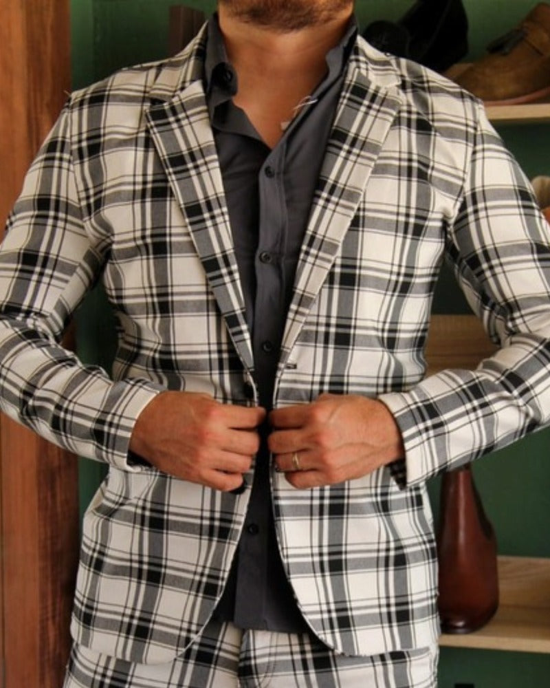 BLAZER SOLAPA V  CASUAL BLANCO DE CUADROS NEGROS