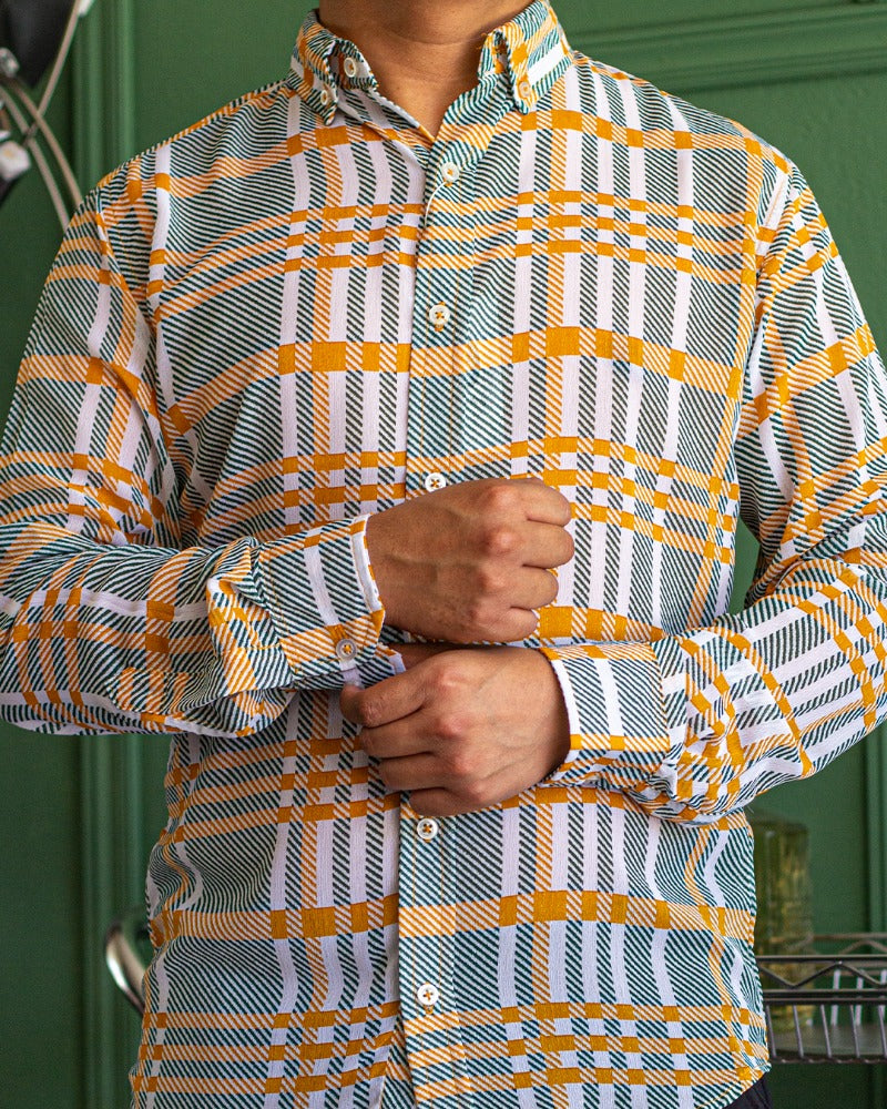 CAMISA MANGA LARGA CUADRADO DIAGONAL VERDE CON AMARILLO