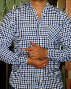 CAMISA MANGA LARGA CUADROS PEQUEÑOS AZUL