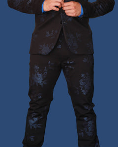 PANTALÓN EXOTICO NEGRO CON FLORES EN AZUL MARINO