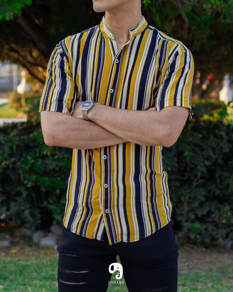 CAMISA MANGA CORTA RAYAS MOSTAZA LINEAS