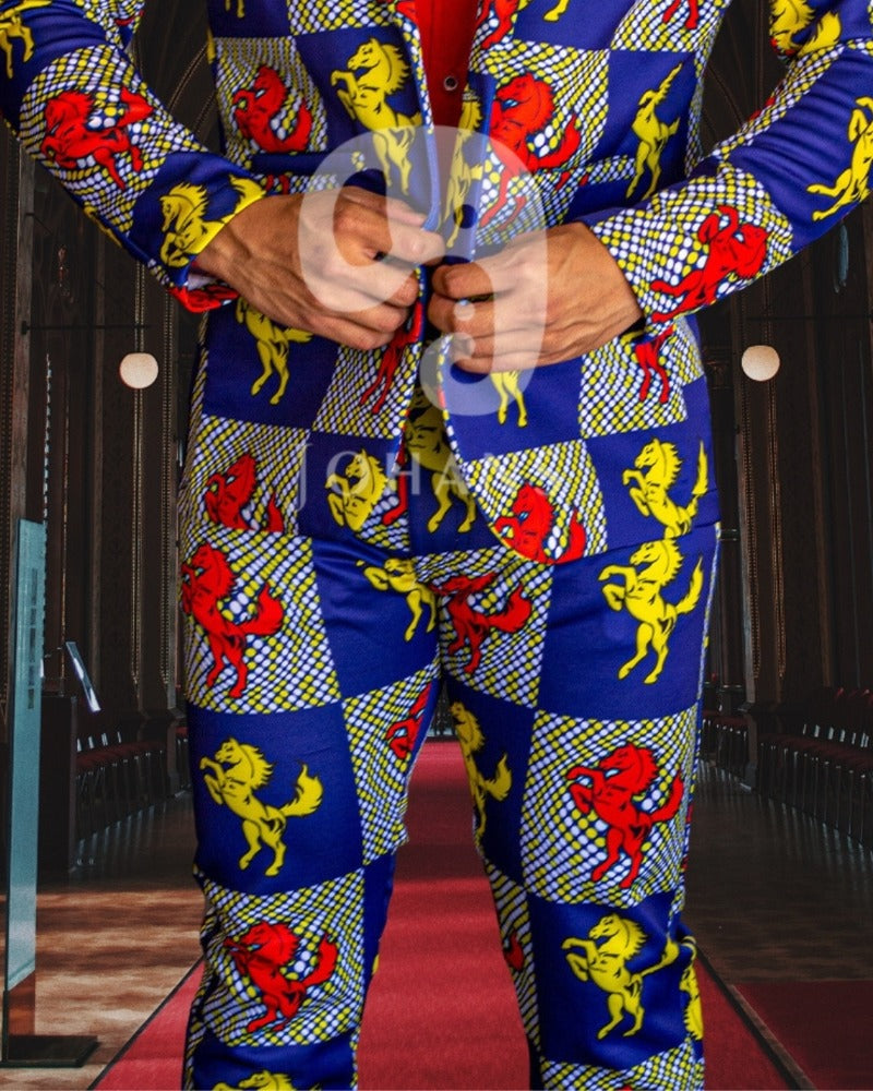 PANTALÓN EXOTICO AZUL AJEDREZ A CABALLOS