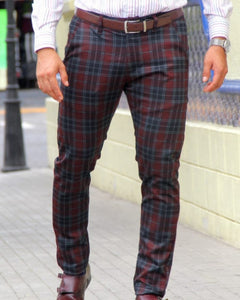PANTALÓN CASUAL CUADROS ROJOS LINEAS NEGRAS Y GRIS