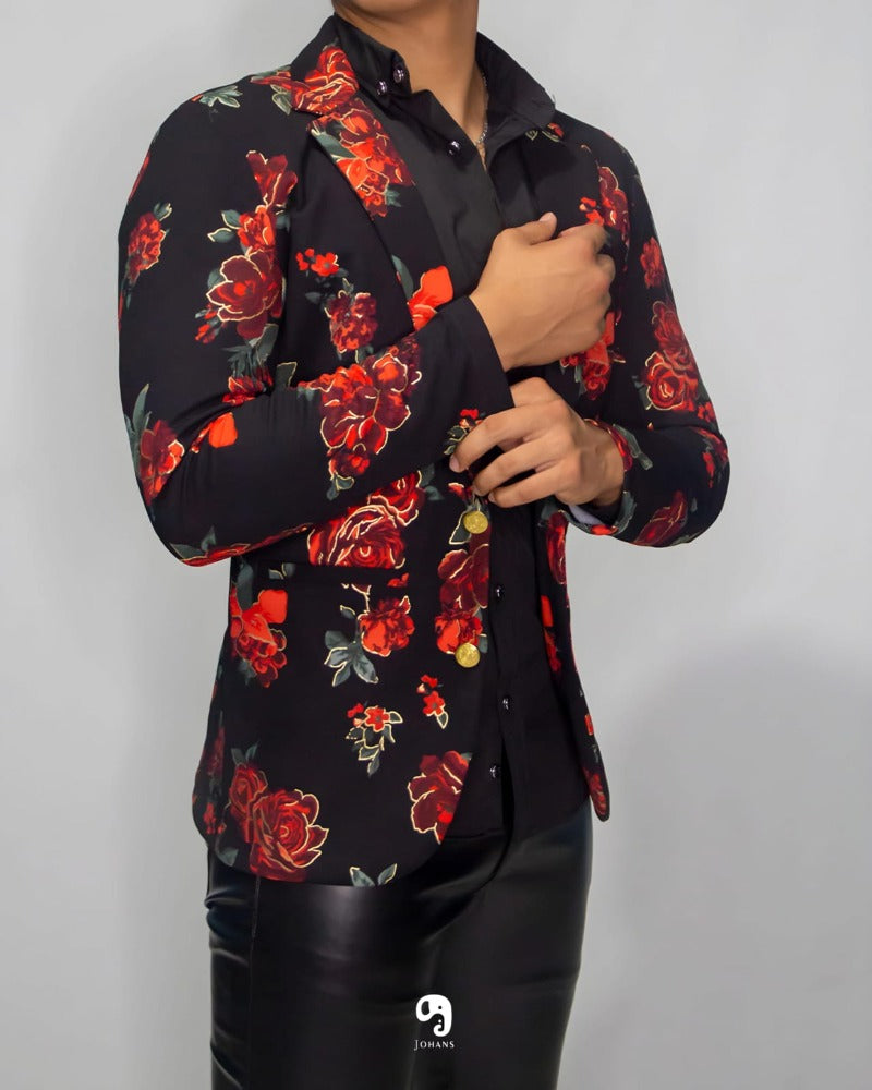 BLAZER SOLAPA V EXOTICO NEGRO CON FLORES ROJAS CON DORADO