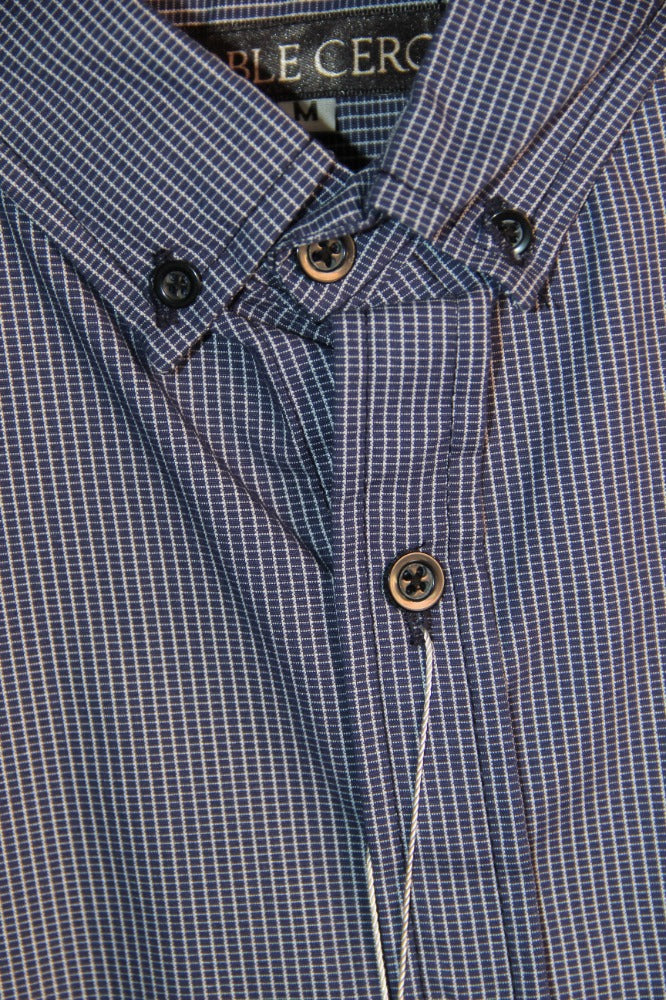 CAMISA MANGA LARGA CUADROS MILIMETRICOS AZUL MARINO CON BLANCO