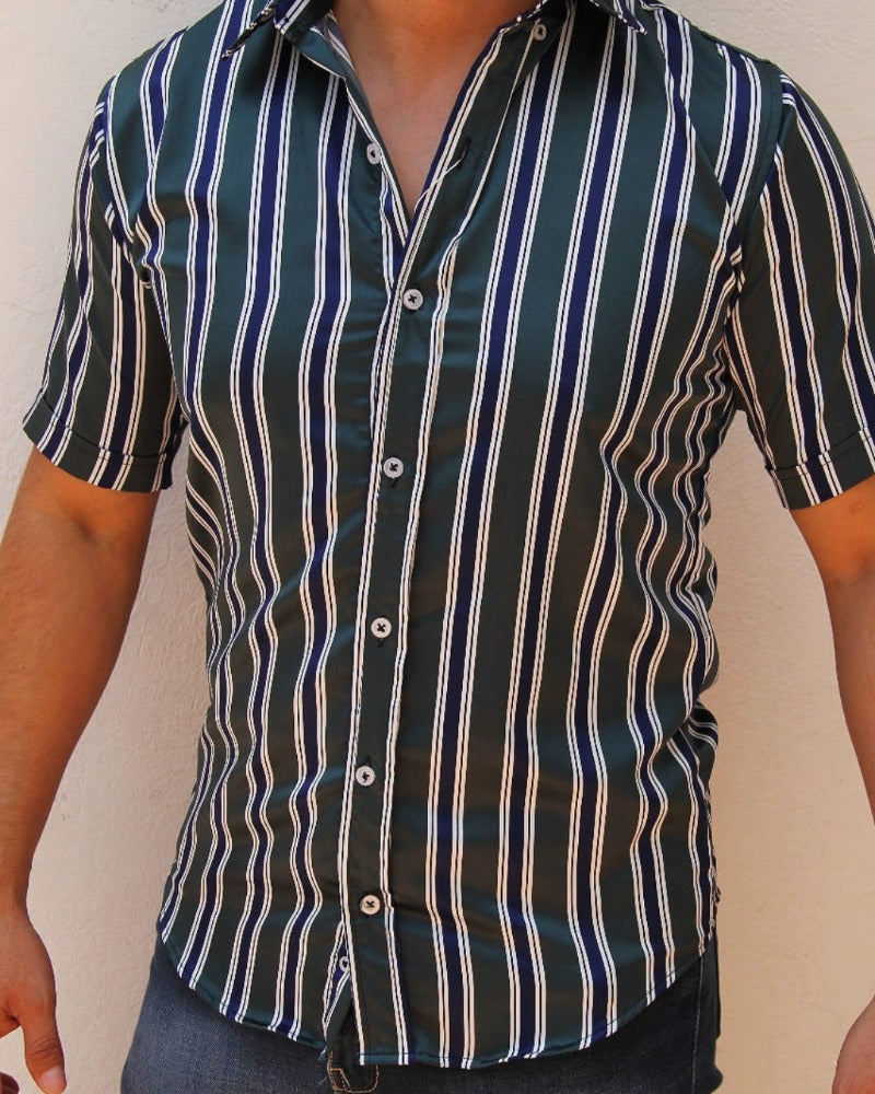 CAMISA MANGA CORTA RAYAS VERDE CON AZUL