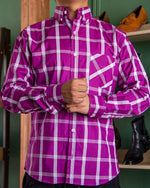 Cargar imagen en el visor de la galería, CAMISA MANGA LARGA CUADROS GRANDES MORADO Y LINEAS GRISES
