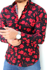 Cargar imagen en el visor de la galería, CAMISA MANGA LARGA ESTAMPADO NEGRO CON FLORES ROJAS

