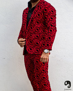 PANTALON EXOTICO ROJO CON CUADROS EN TERCIOPELO NEGRO