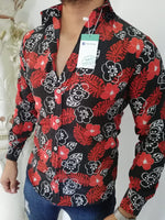 Cargar imagen en el visor de la galería, CAMISA MANGA LARGA ESTAMPADO NEGRA CON FLORES NARANJA
