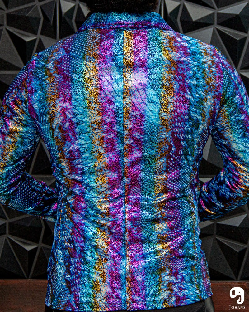 BLAZER SOLAPA V EXOTICO HOLOGRAMA ANIMAL PRINT AZUL ROSA Y NARANJA
