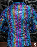 Cargar imagen en el visor de la galería, BLAZER SOLAPA V EXOTICO HOLOGRAMA ANIMAL PRINT AZUL ROSA Y NARANJA
