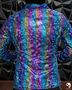 BLAZER SOLAPA V EXOTICO HOLOGRAMA ANIMAL PRINT AZUL ROSA Y NARANJA