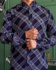 CAMISA MANGA LARGA CUADROS EN DIAGONAL AZUL MARINO CON PUNTOS BEIGE