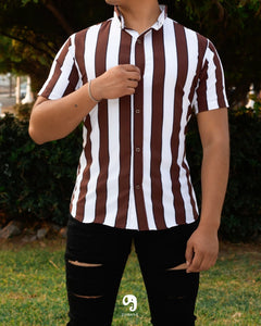 CAMISA MANGA CORTA RAYAS CAFE, NEGRO  Y BLANCO