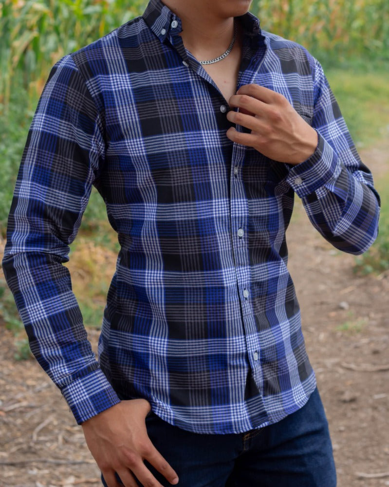 CAMISA MANGA LARGA CUADROS MEDIANOS NEGRO, MARINO Y BLANCO