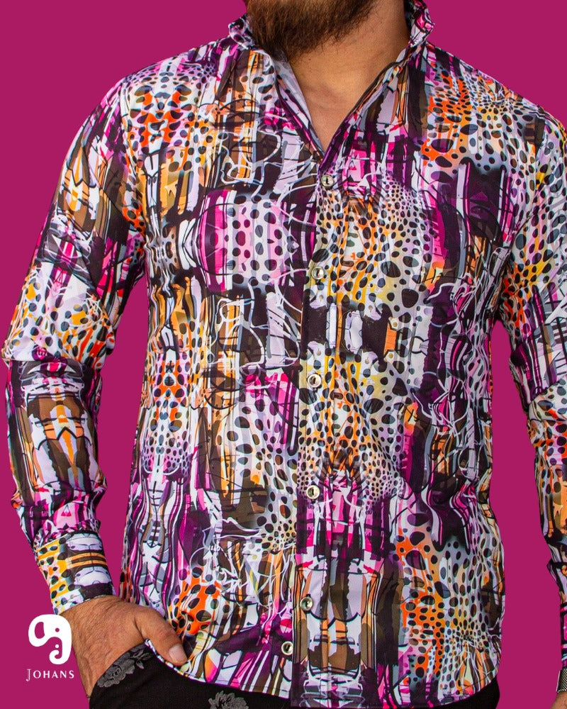 CAMISA MANGA LARGA ESTAMPADO EXPLOSIÓN LEOPARDO TONALIDADES MORADO Y NARANJA