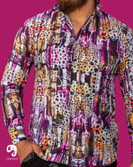 Cargar imagen en el visor de la galería, CAMISA MANGA LARGA ESTAMPADO EXPLOSIÓN LEOPARDO TONALIDADES MORADO Y NARANJA
