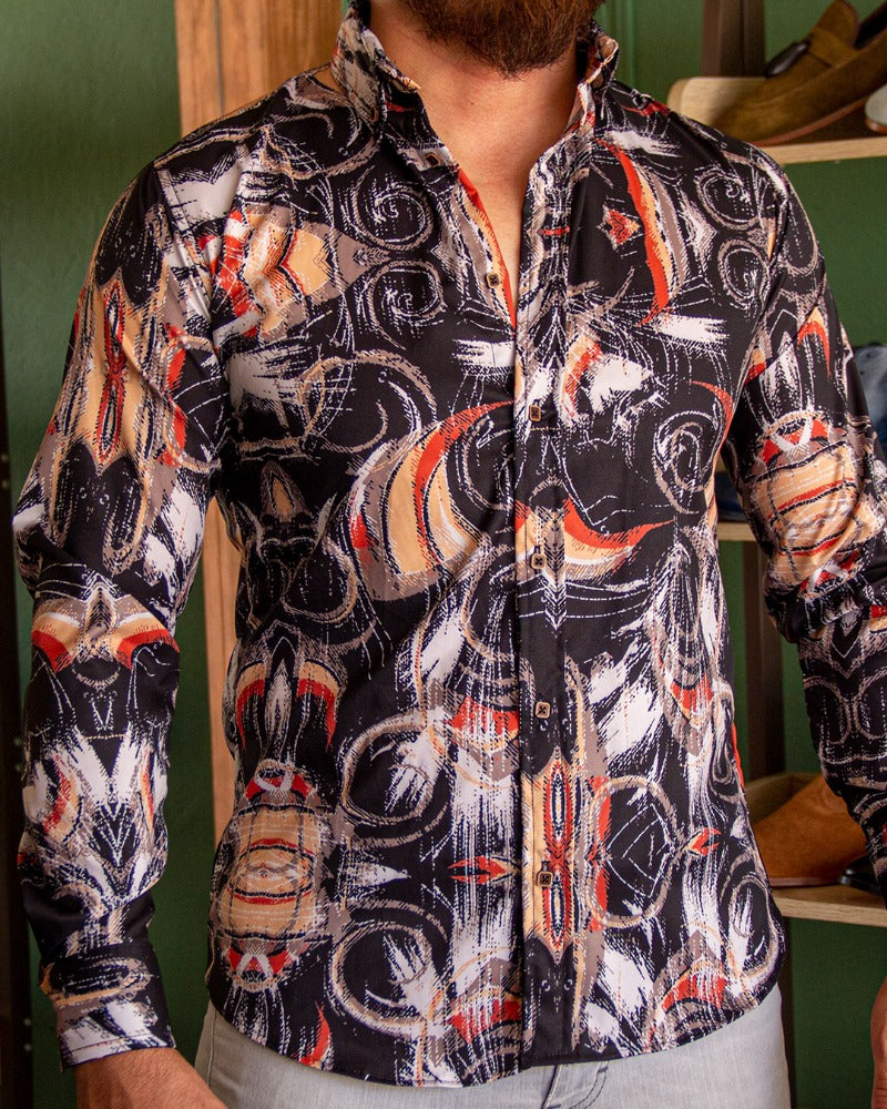 CAMISA MANGA LARGA ESTAMPADO NEGRO CON CAFE MONO