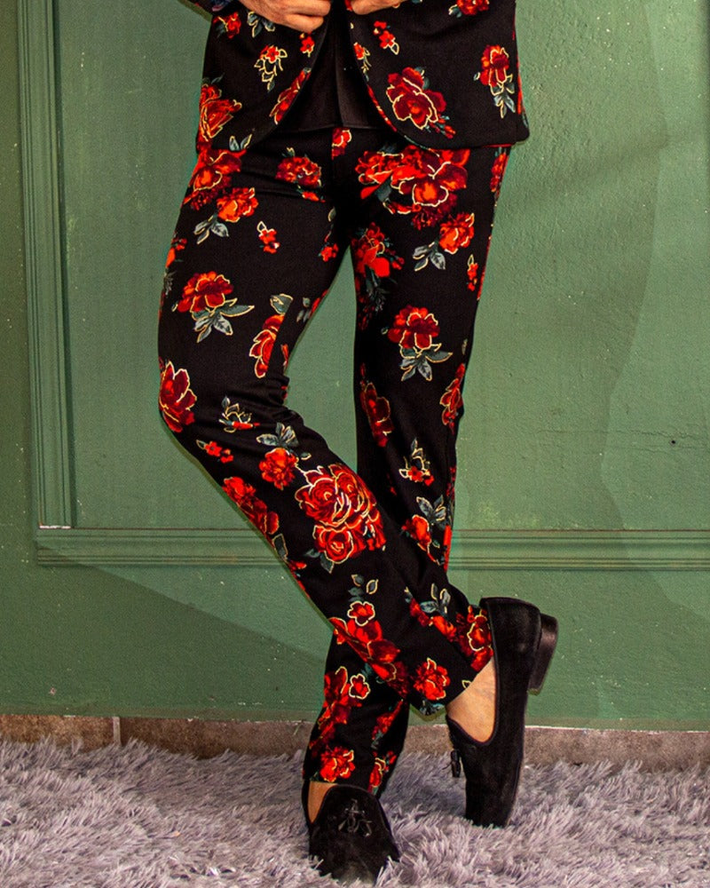 PANTALÓN EXOTICO NEGRO CON FLORES ROJAS CON DORADO