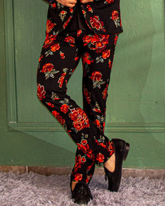 PANTALÓN EXOTICO NEGRO CON FLORES ROJAS CON DORADO