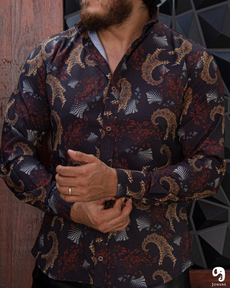 CAMISA MANGA LARGA ESTAMPADO NEGRO CORALES DORADOS