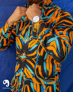 CAMISA MANGA LARGA ESTAMPADO PINCELADAS AZUL Y NARANJA