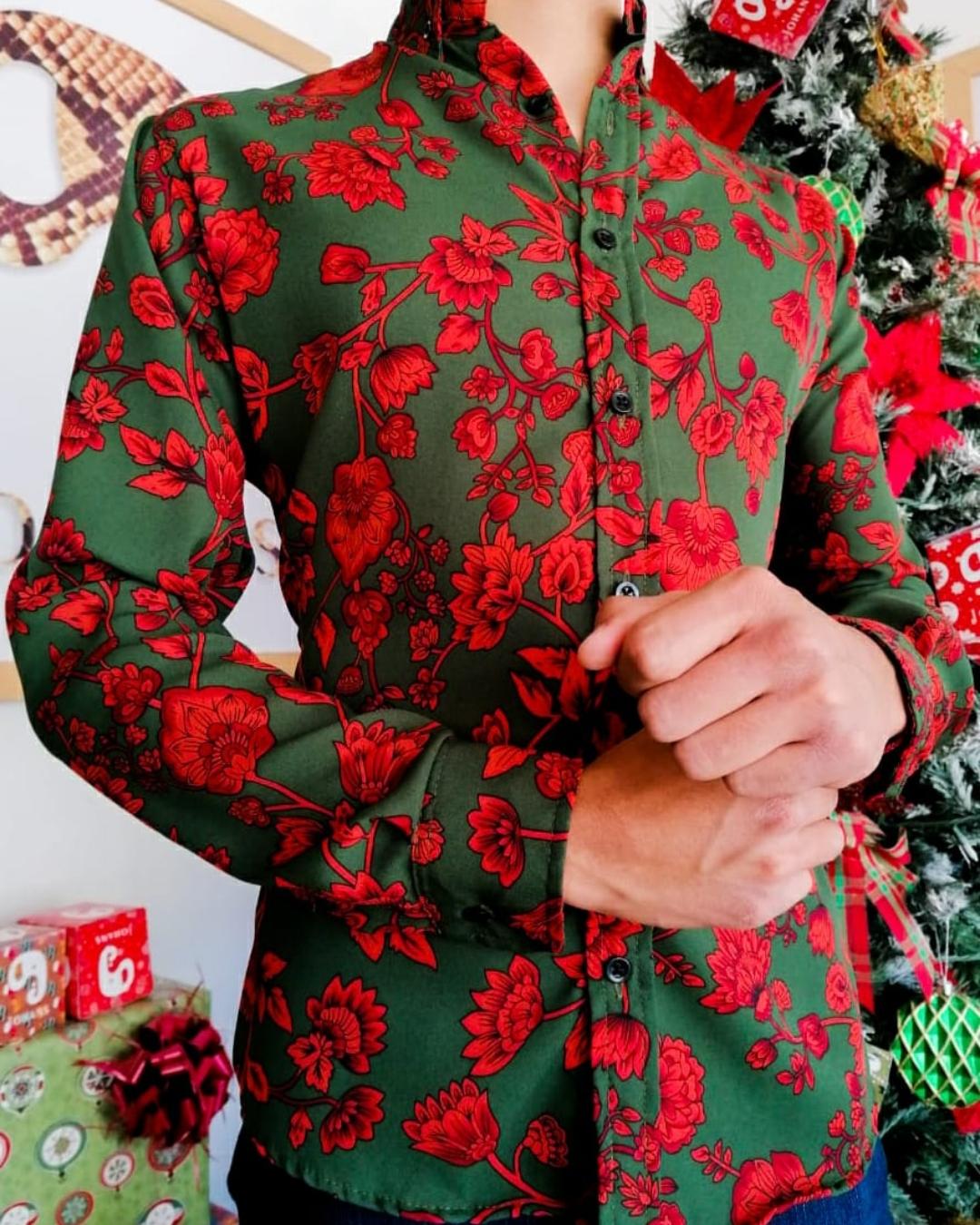 CAMISA MANGA LARGA ESTAMPADO VER OLIVO FLORES ROJAS