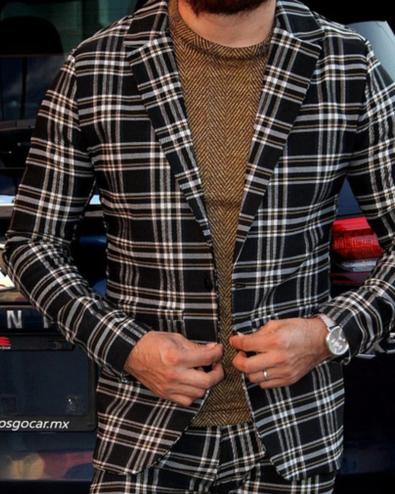 BLAZER SOLAPA V CASUAL CUADROS NEGRO CON LINEAS BLANCAS Y AMARILLAS