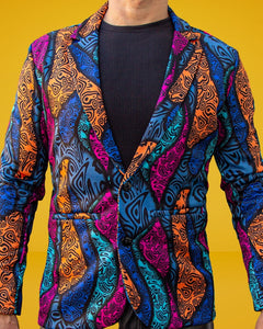 BLAZER SOLAPA V EXOTICO OLEADO MIX DE COLORES NARANJA, AZUL, ROSA.