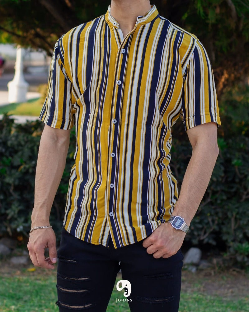 CAMISA MANGA CORTA RAYAS MOSTAZA LINEAS