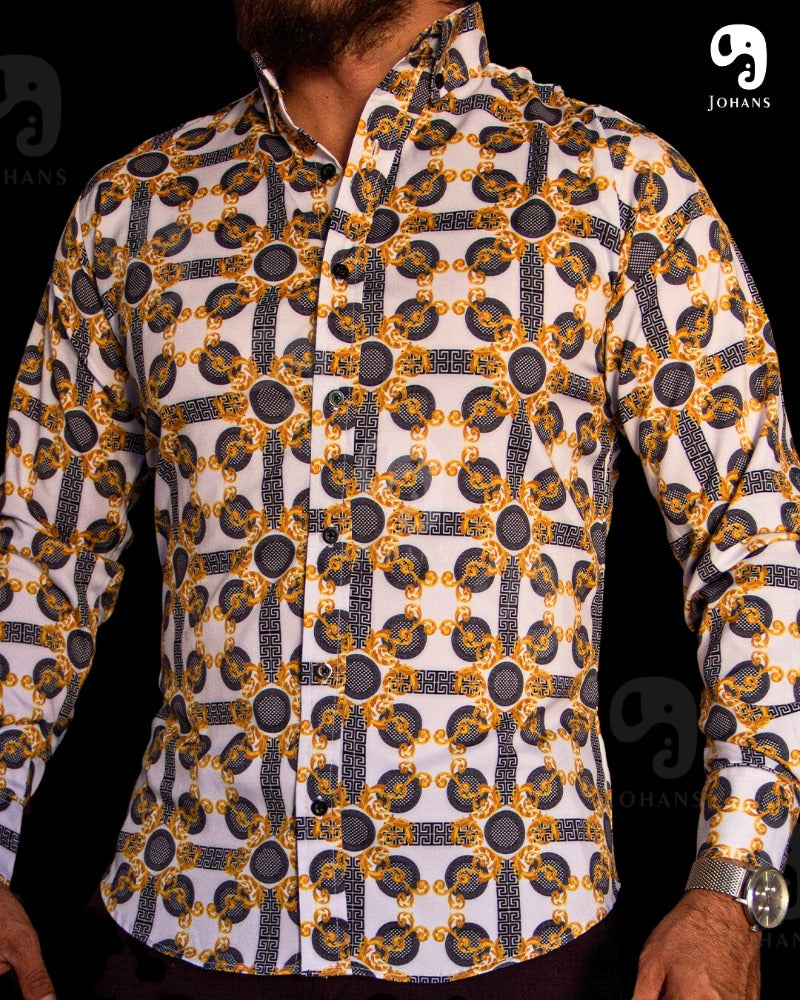 CAMISA MANGA LARGA ESTAMPADO BLANCO MONEDA CON DORADO