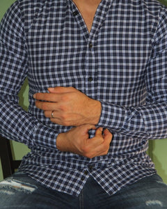 CAMISA MANGA LARGA CUADROS MEDIANOS AZUL CON BLANCO