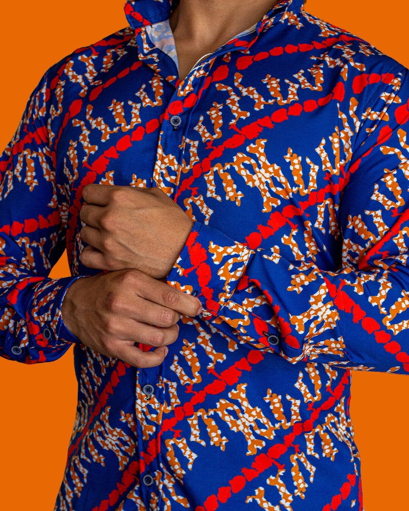 CAMISA MANGA LARGA ESTAMPADO AZUL REY CORALES NARANJAS