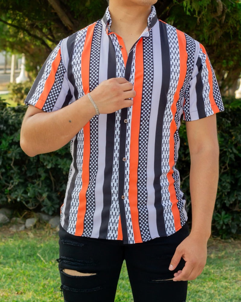 CAMISA MANGA CORTA ESTAMPADO FIGURAS DE RAYAS Y CIRCULOS