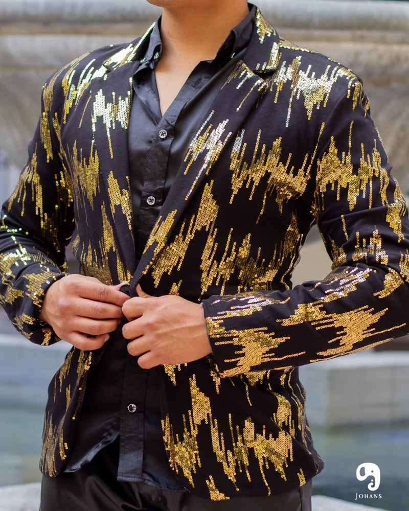 BLAZER SOLAPA V EXOTICO NEGRO MIX DE LENTEJUELAS DORADAS