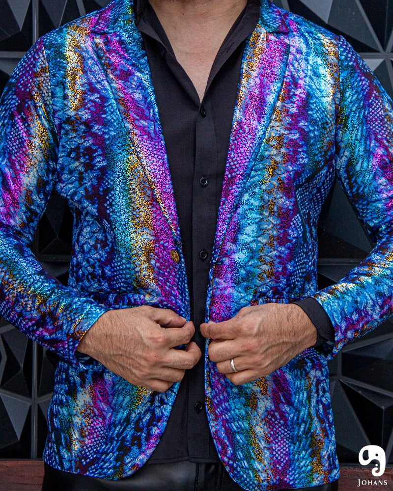 BLAZER SOLAPA V EXOTICO HOLOGRAMA ANIMAL PRINT AZUL ROSA Y NARANJA