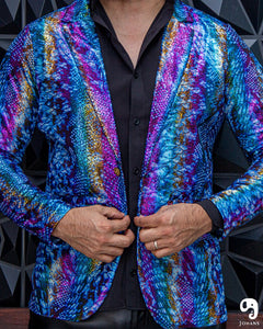 BLAZER SOLAPA V EXOTICO HOLOGRAMA ANIMAL PRINT AZUL ROSA Y NARANJA