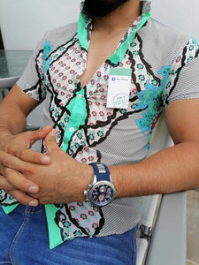 CAMISA MANGA CORTA ESTAMPADA DE MANDALAS AZUL CON MENTA
