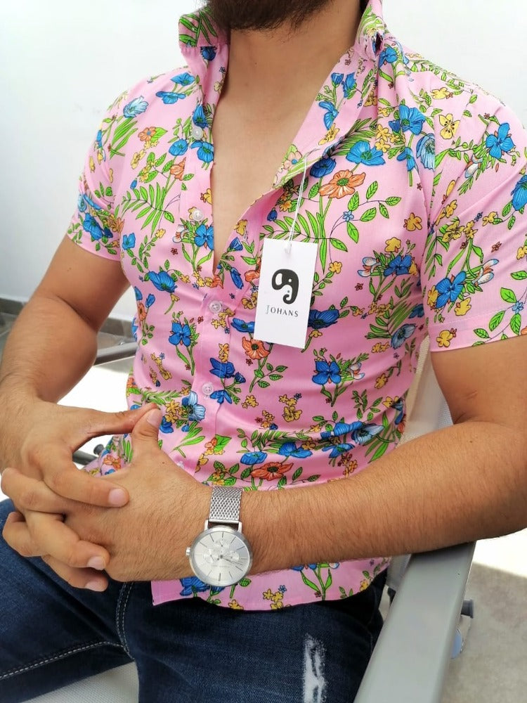 CAMISA MANGA CORTA ESTAMPADA ROSA HAWUAI