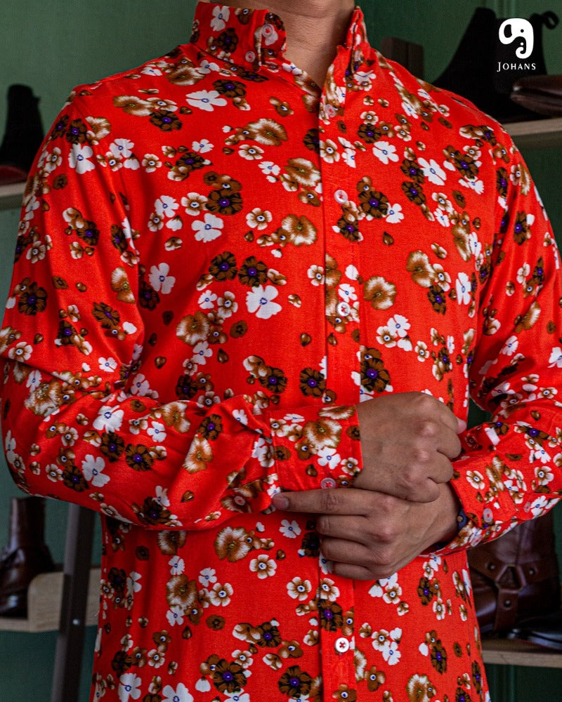 CAMISA MANGA LARGA ESTAMPADA NARANJA FLORES BLANCAS