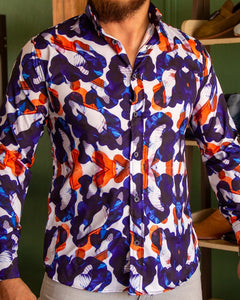 CAMISA MANGA LARGA ESTAMPADO PINTURA DILUIDA NARANJA CON AZUL