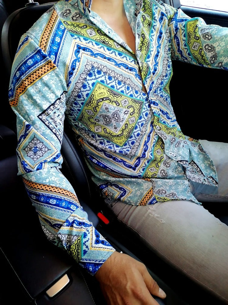 CAMISA MANGA LARGA ESTAMPADO EDICIÓN FR ROMBOS TONOS AGUA