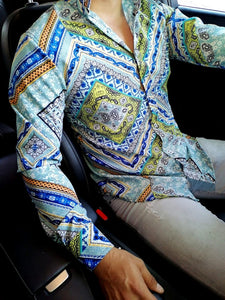 CAMISA MANGA LARGA ESTAMPADO EDICIÓN FR ROMBOS TONOS AGUA